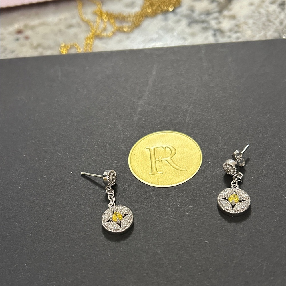 Silver-Tone Drop Earrings with Yellow Crystal Star Accent